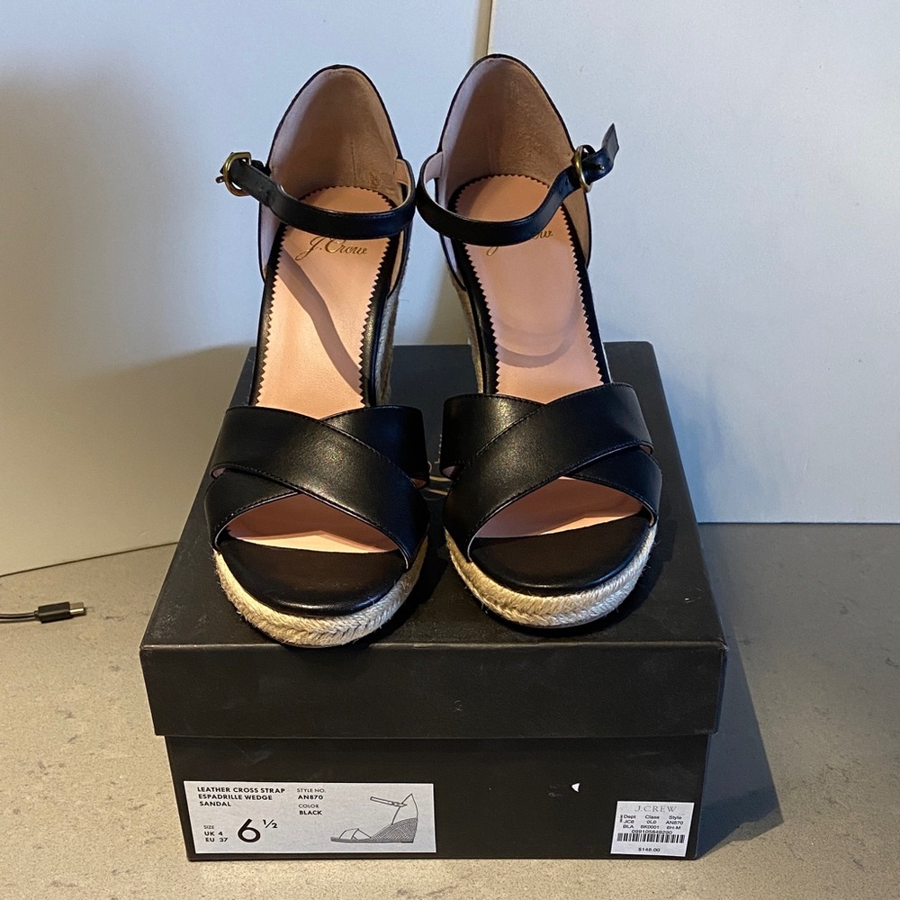 J. Crew Black Leather Espadrille Sandals